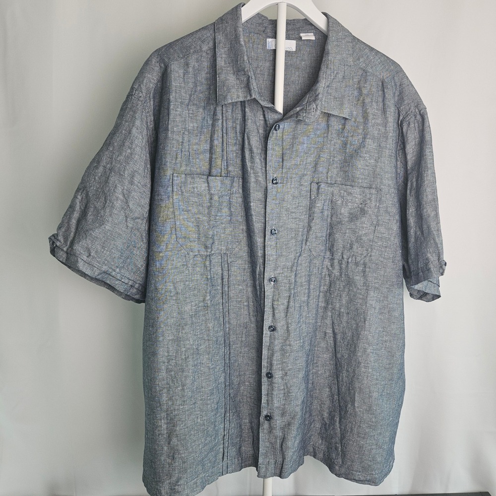 Cafe Luna Mens 3XL Gray Blue Linen Blend Guayabera Short Sleeve Chambray‎ Shirt